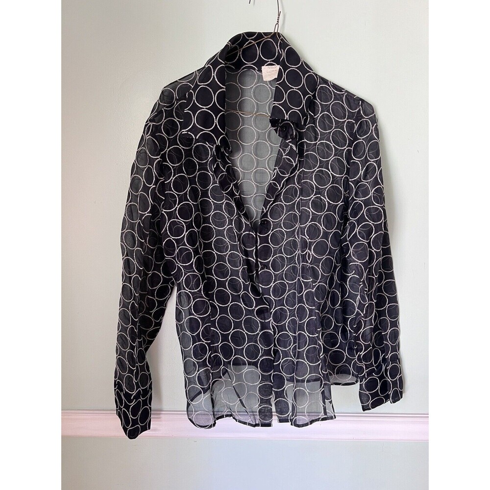 Feraud Topper Silk Vtg 48 Large Black White‎ Polka Dot Blouse See Through